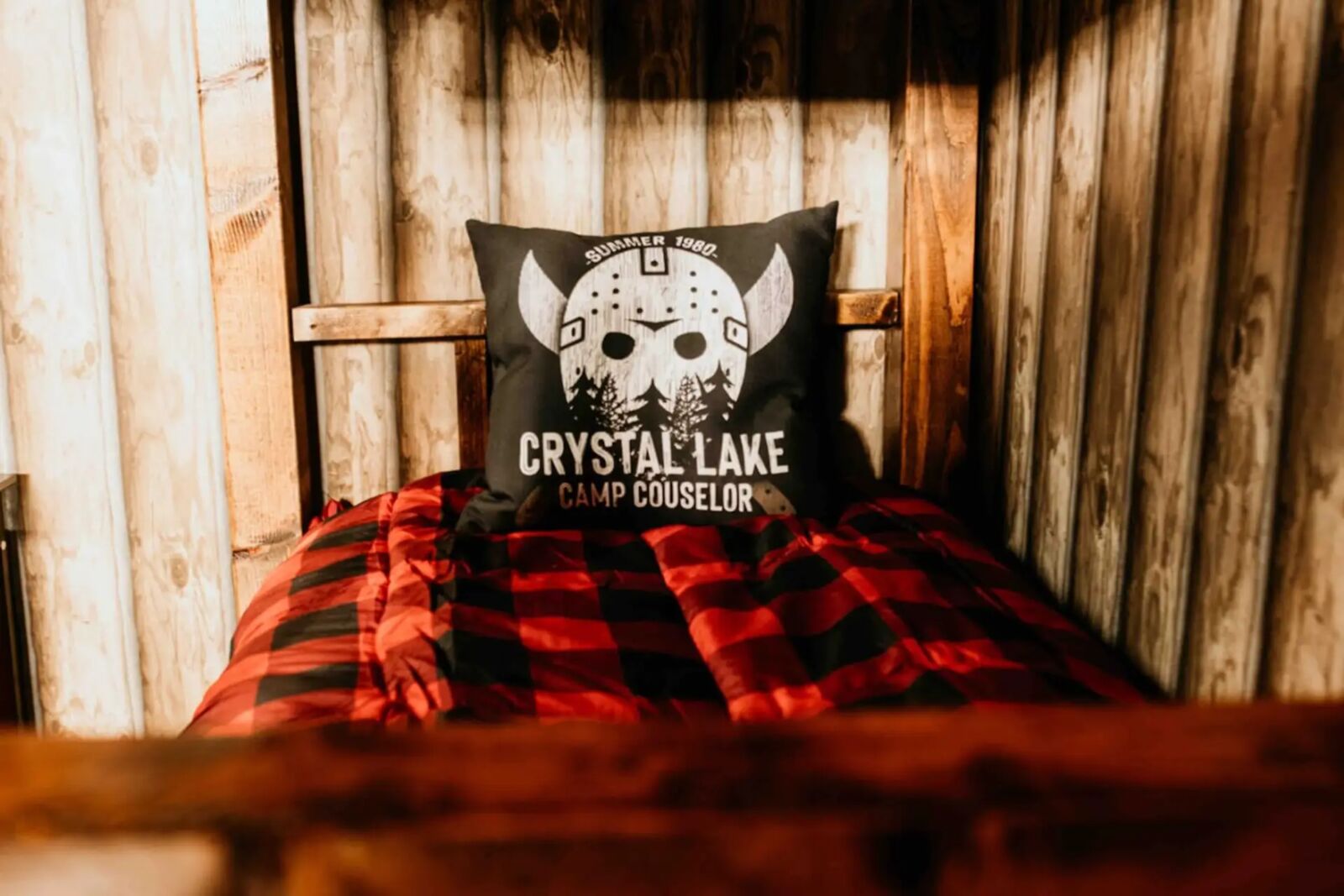 Camp Crystal Lake themed bedroom decor at Black House Stay Airbnb Indianapolis